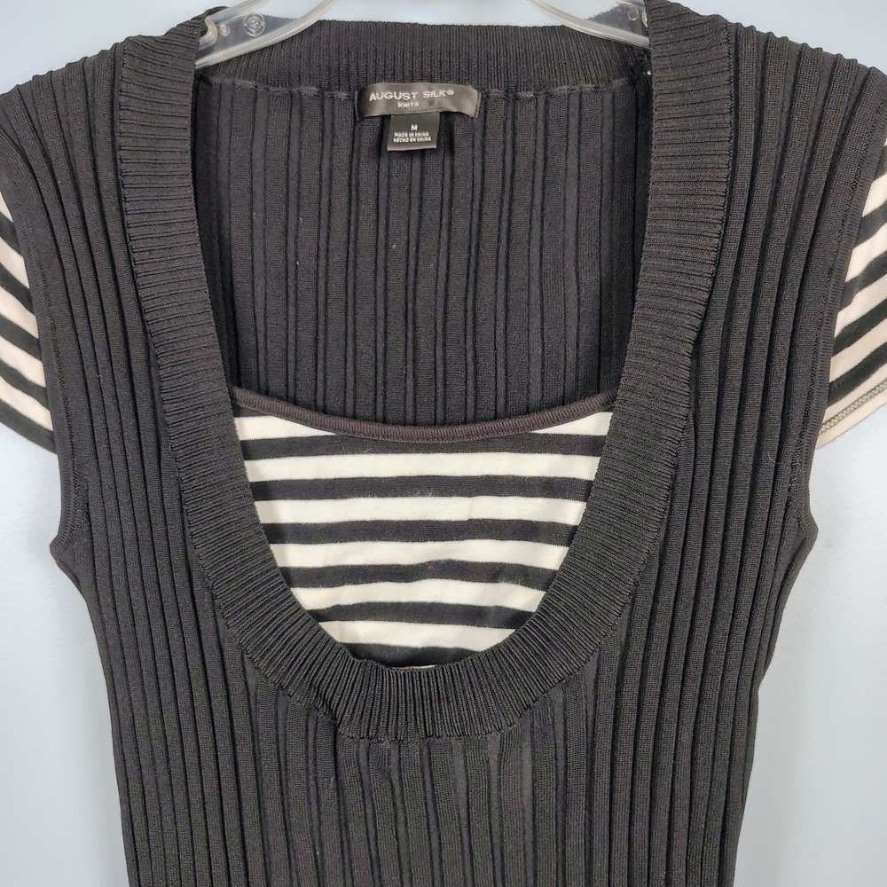 August Silk Womens M Ribbed Knit Layered Top Black Striped Y2K Preppy Chic - Picture 3 of 8